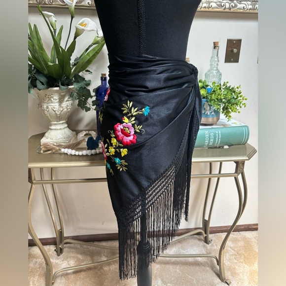 Floral Sarong Embroidered Black Triangle Maxi Shawl Coverup with Fringe Hem - Picture 2 of 12